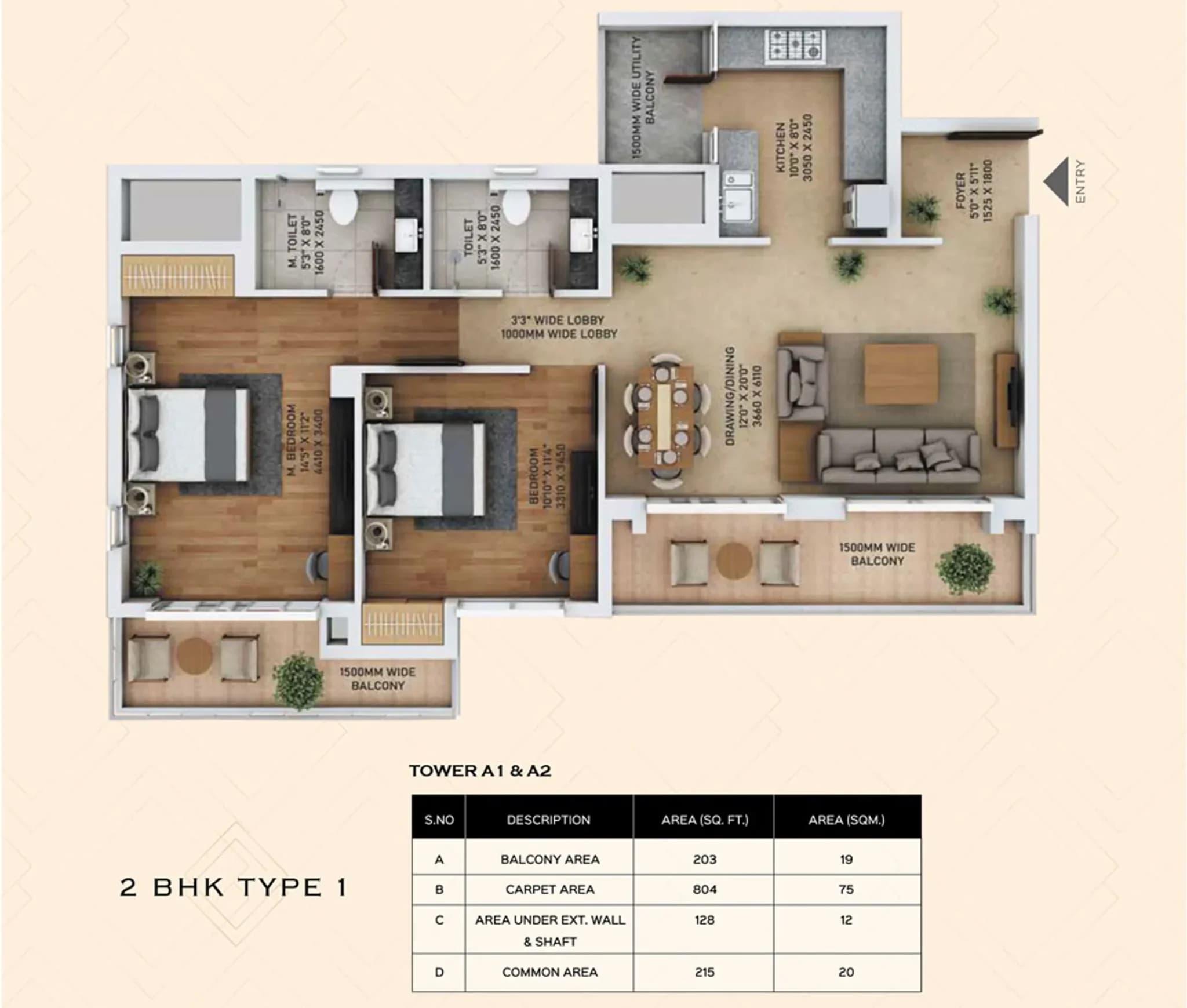 2 BHK (1,050 Sq.Ft)